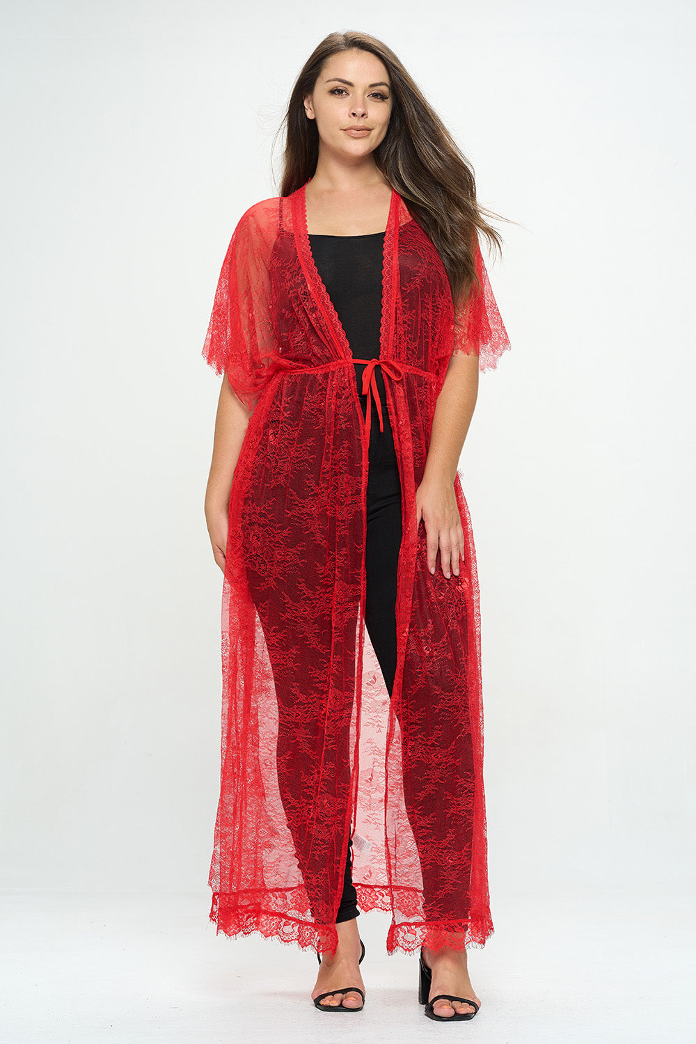 SHEER DRAWSTRING LACE PLUS KIMONO GOWN