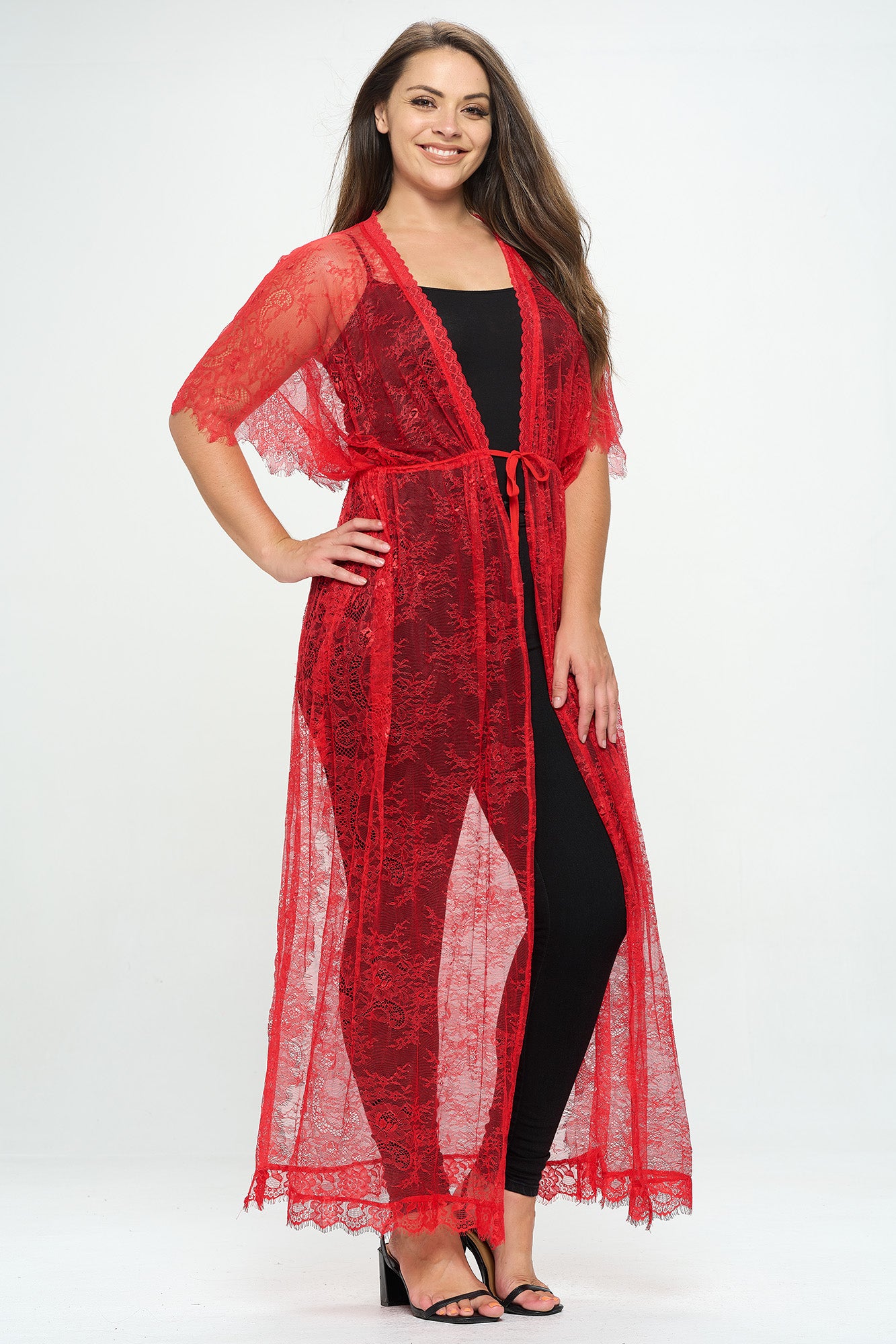 SHEER DRAWSTRING LACE PLUS KIMONO GOWN
