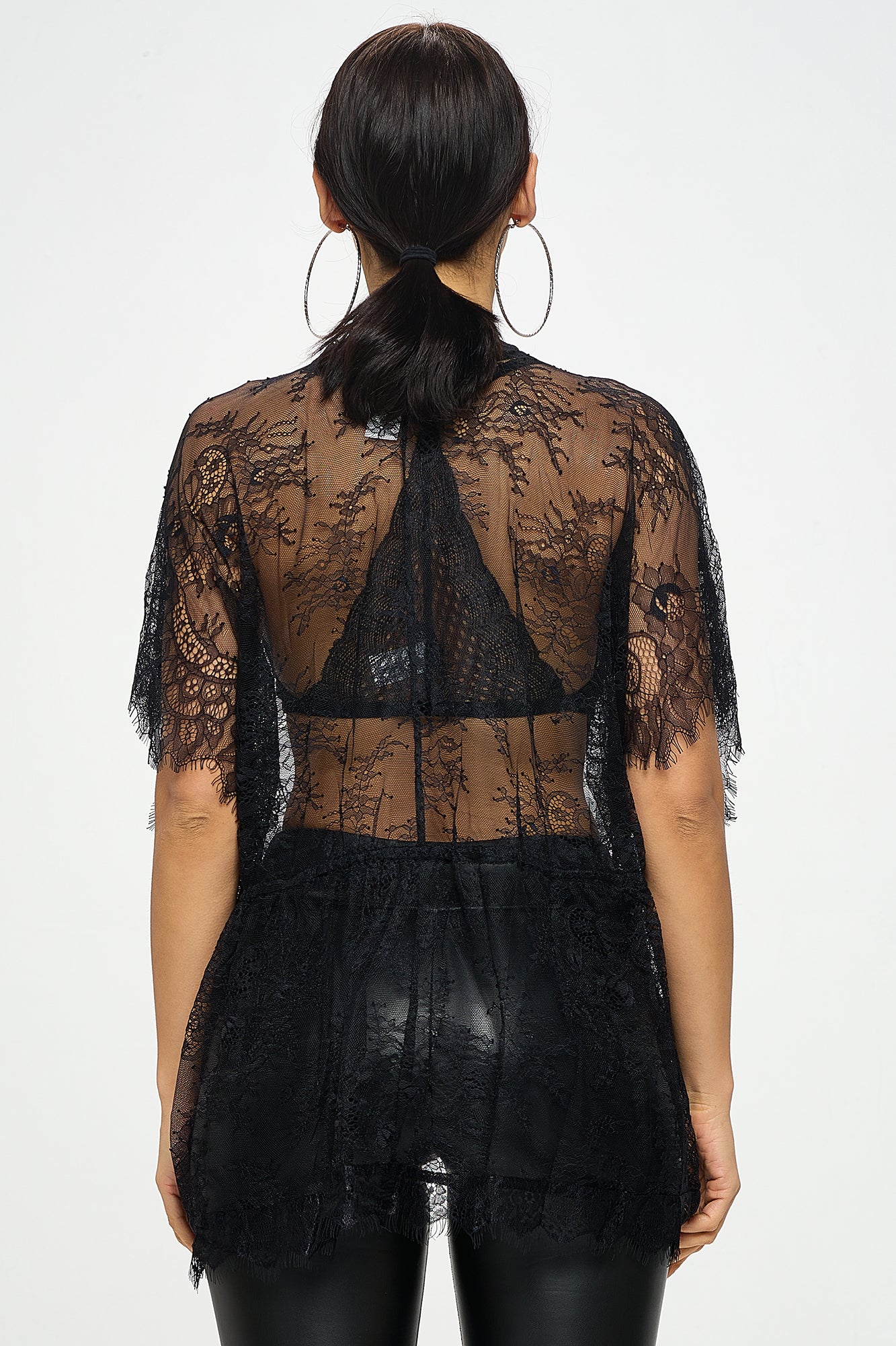 SHEER DRAWSTRING LACE KIMONO GOWN