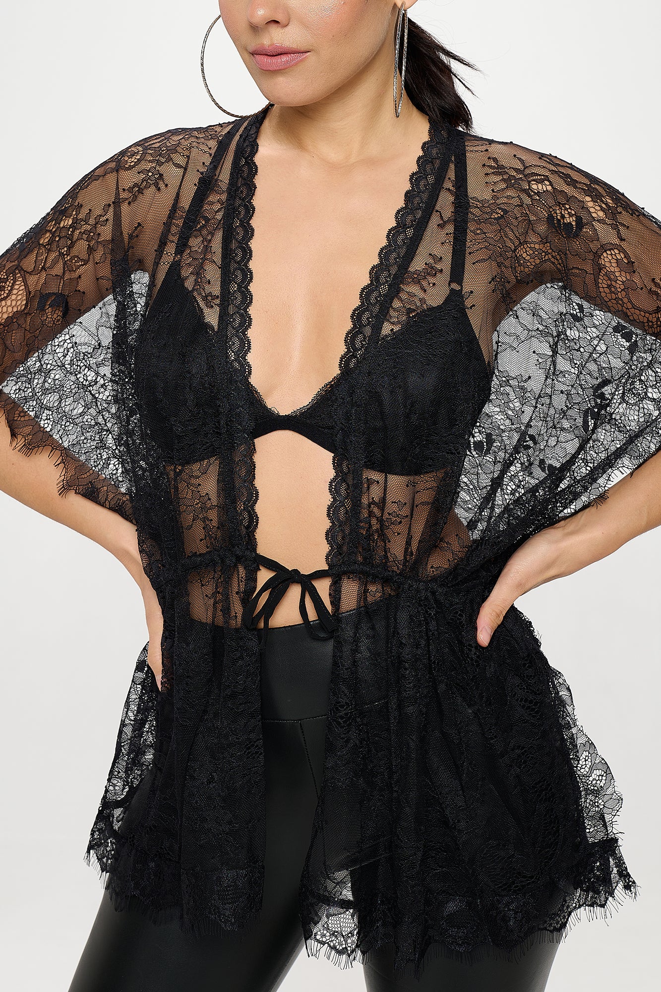 SHEER DRAWSTRING LACE KIMONO GOWN