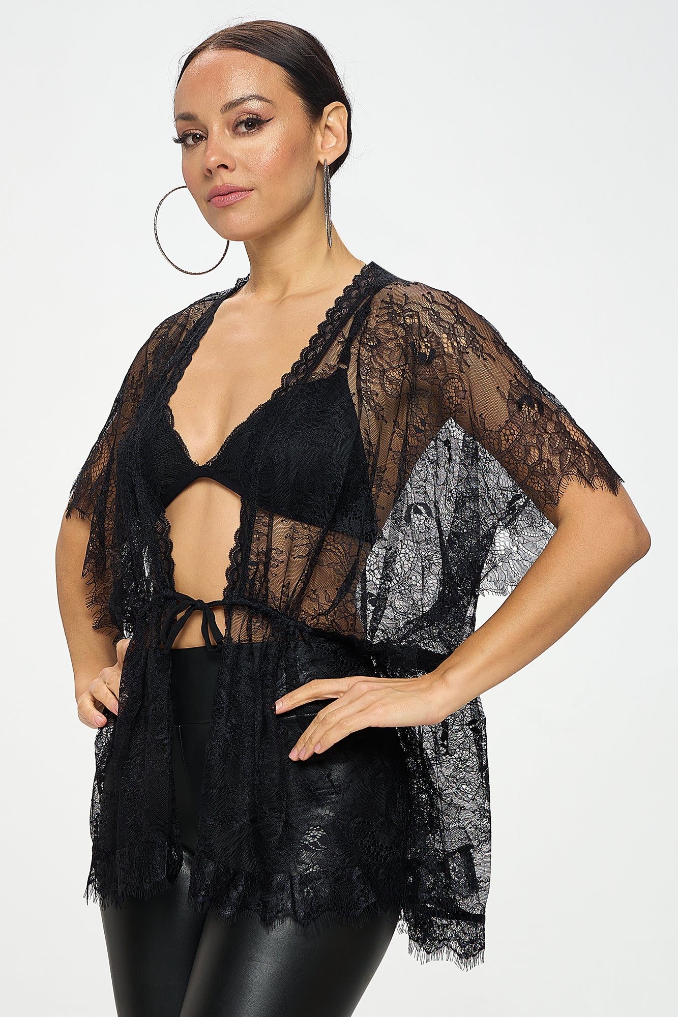 SHEER DRAWSTRING LACE KIMONO GOWN