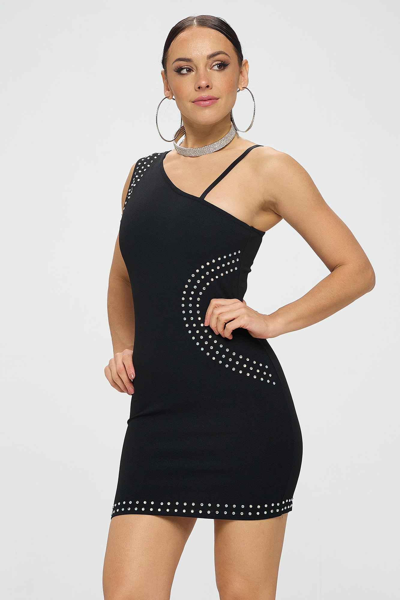 ONE SHOULDER RHINESTONE DETAIL DRESS
