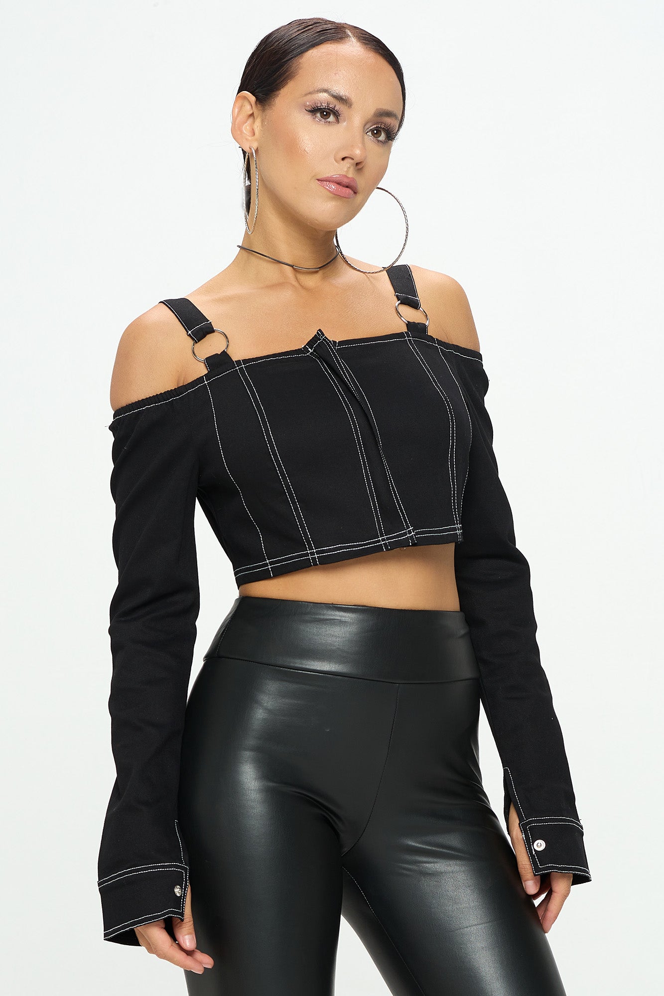 OFF SHOULDER BUCKLE STRAP LONG SLEEVE CROP TOP