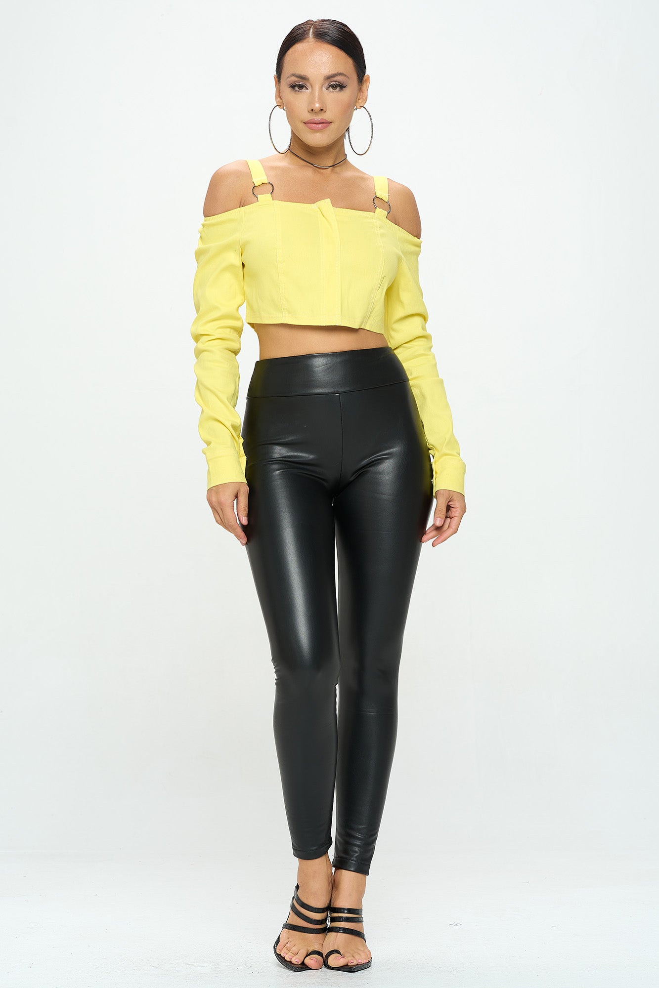 OFF SHOULDER BUCKLE STRAP LONG SLEEVE CROP TOP