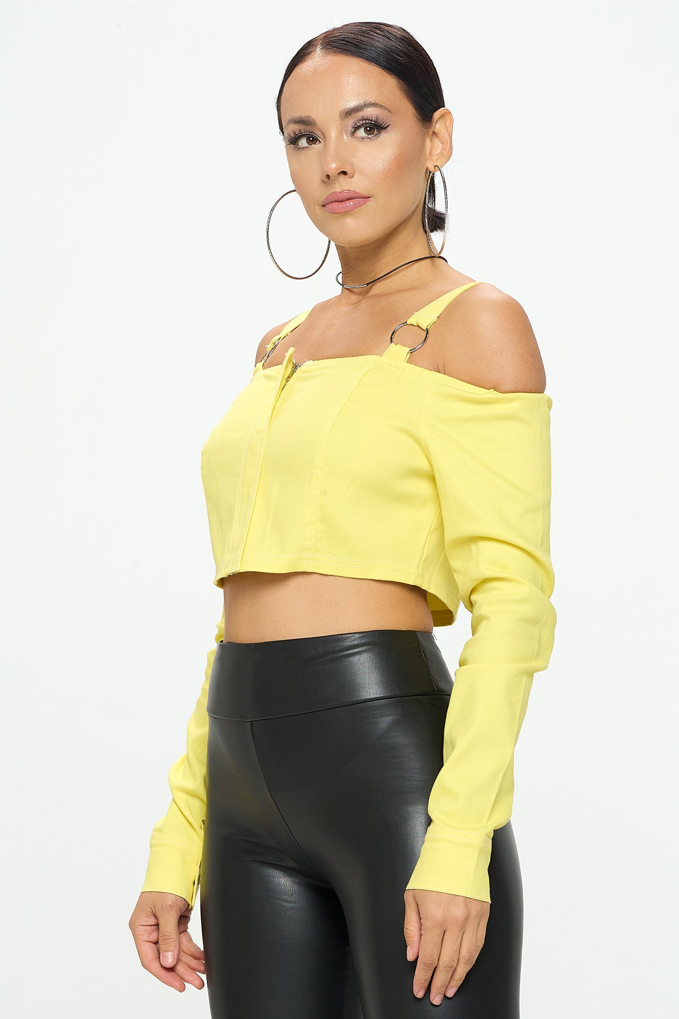 OFF SHOULDER BUCKLE STRAP LONG SLEEVE CROP TOP