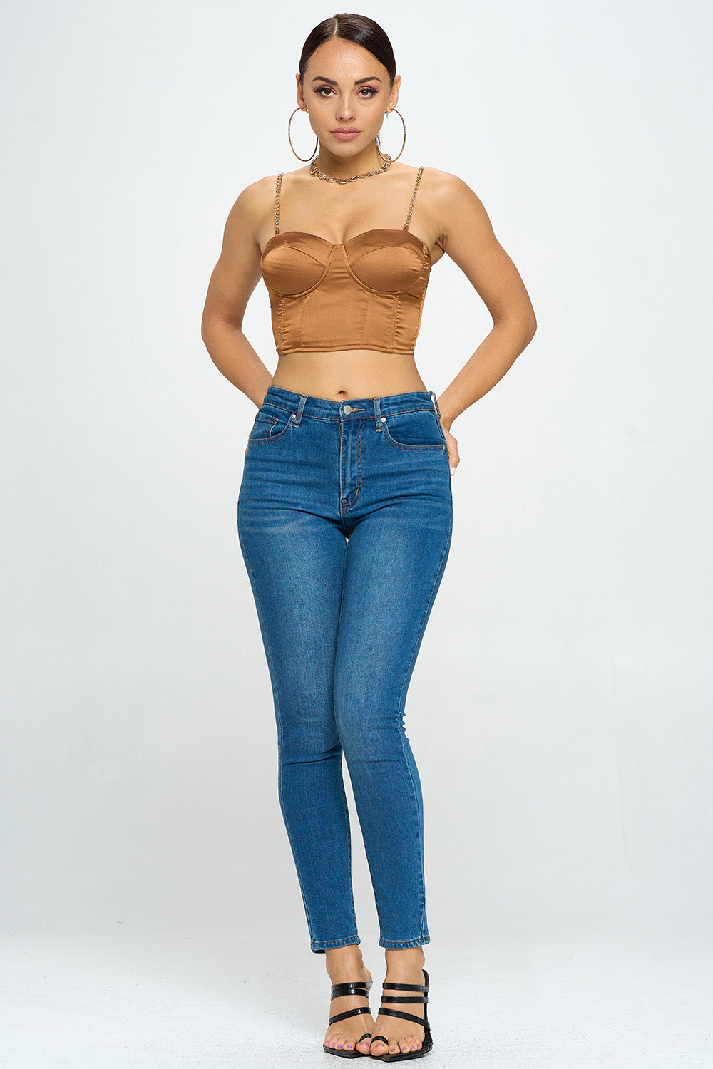 GOLD CHAIN STRAP SATIN SOLID BUSTIER TOP