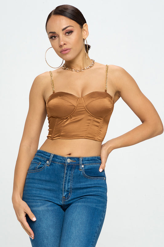 GOLD CHAIN STRAP SATIN SOLID BUSTIER TOP