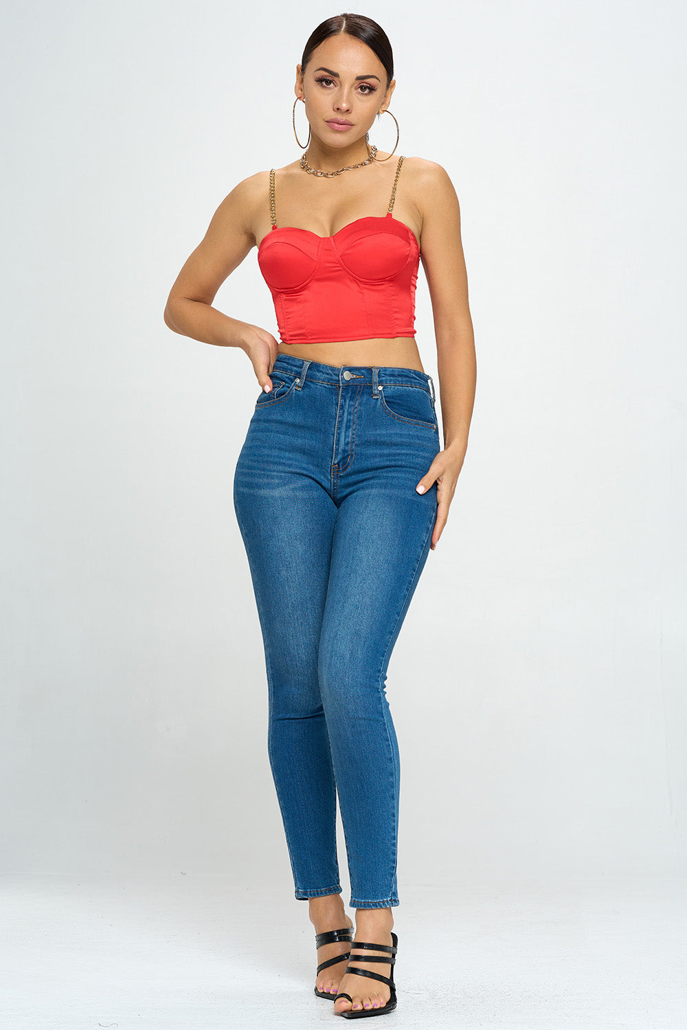 GOLD CHAIN STRAP SATIN SOLID BUSTIER TOP