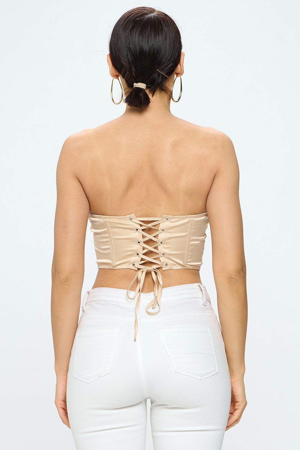 LACE-UP BACK SOLID STRAPLESS SATIN CORSET TOP