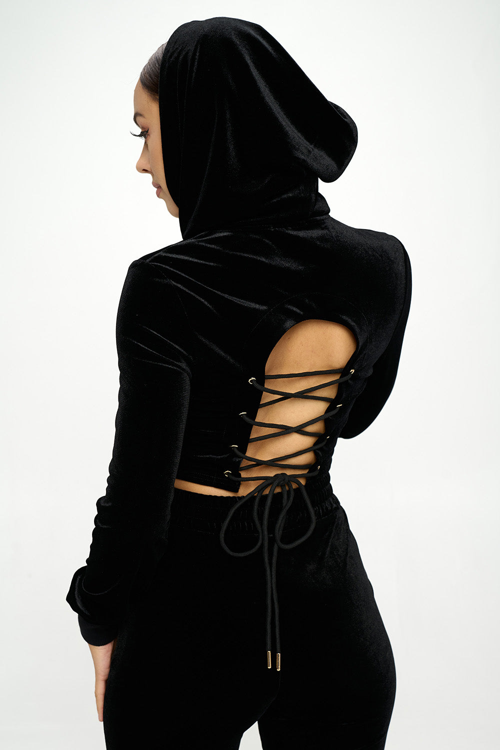 VELVET ELASTIC WAIST JOGGER & HOODED CROP JACKET SETS
