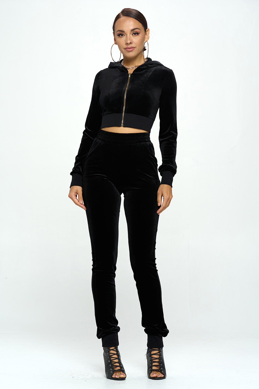 VELVET ELASTIC WAIST JOGGER & HOODED CROP JACKET SETS