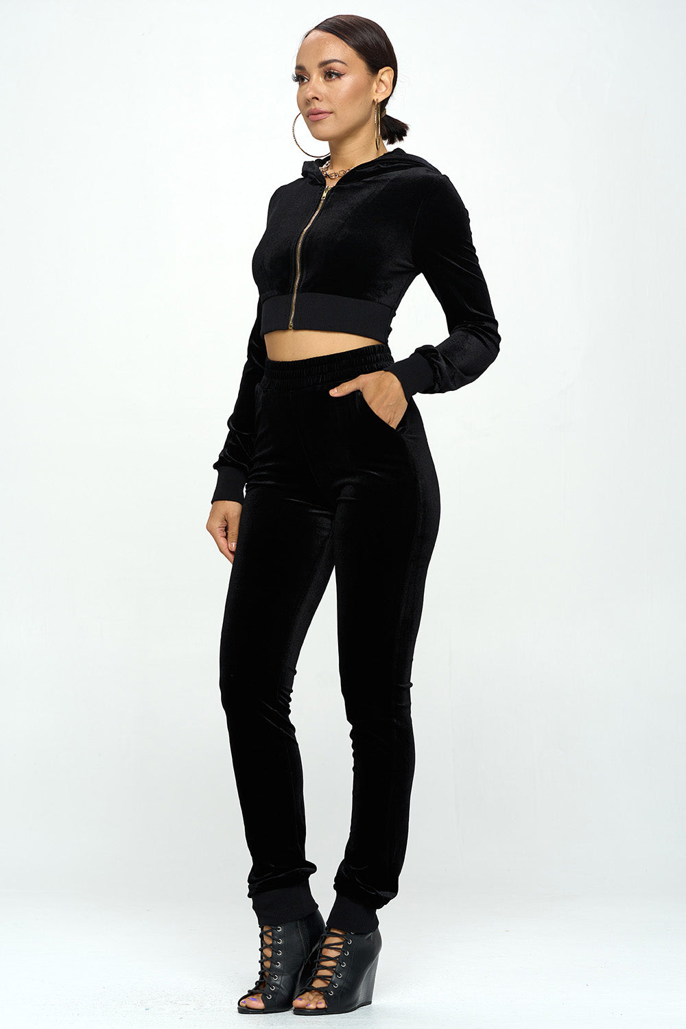 VELVET ELASTIC WAIST JOGGER & HOODED CROP JACKET SETS
