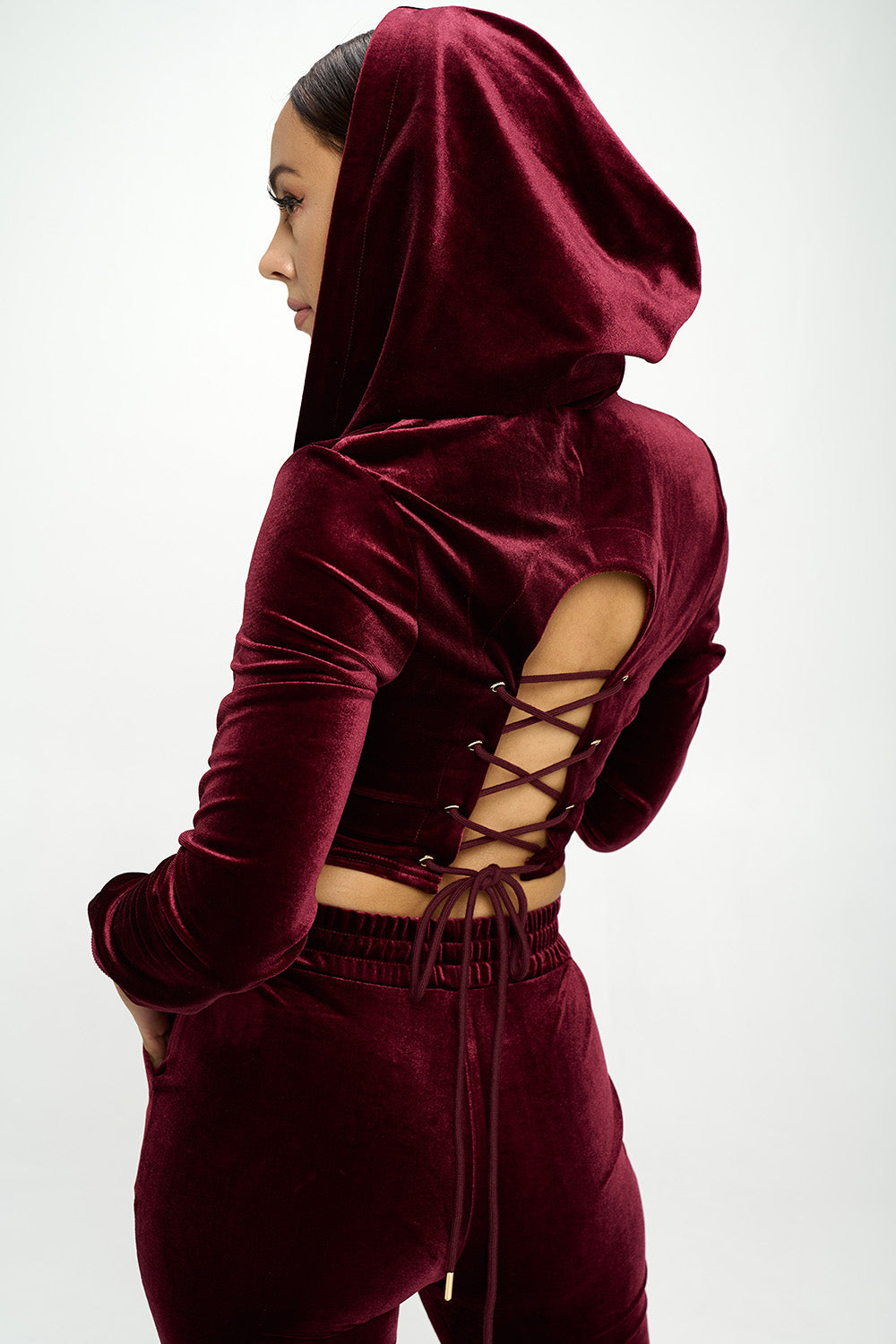 VELVET ELASTIC WAIST JOGGER & HOODED CROP JACKET SETS