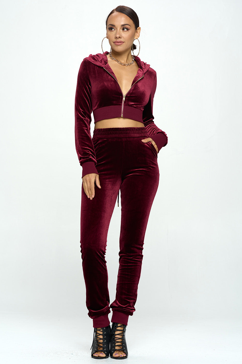 VELVET ELASTIC WAIST JOGGER & HOODED CROP JACKET SETS