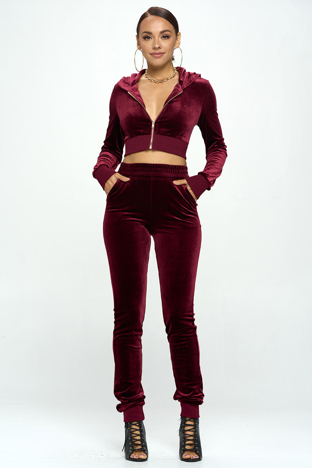 VELVET ELASTIC WAIST JOGGER & HOODED CROP JACKET SETS