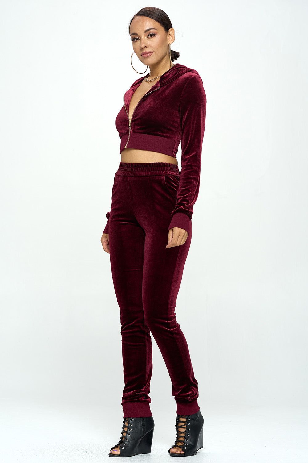 VELVET ELASTIC WAIST JOGGER & HOODED CROP JACKET SETS