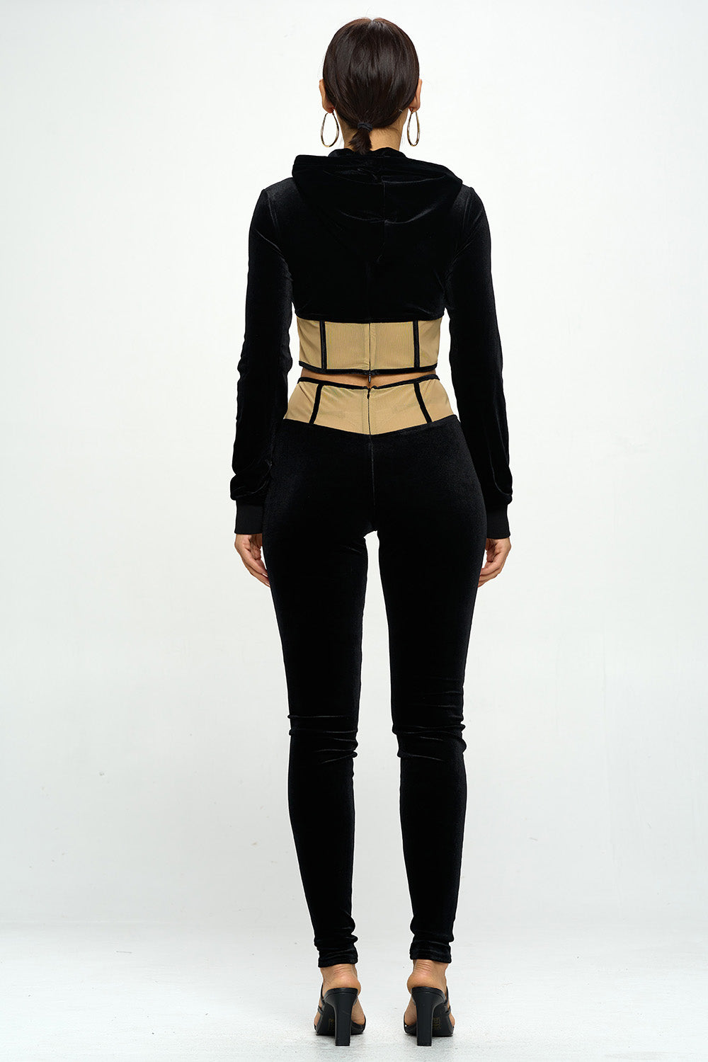 VELVET MESHED HIGH WAIST LEGGINGS & HOODED CROP TOP SETS