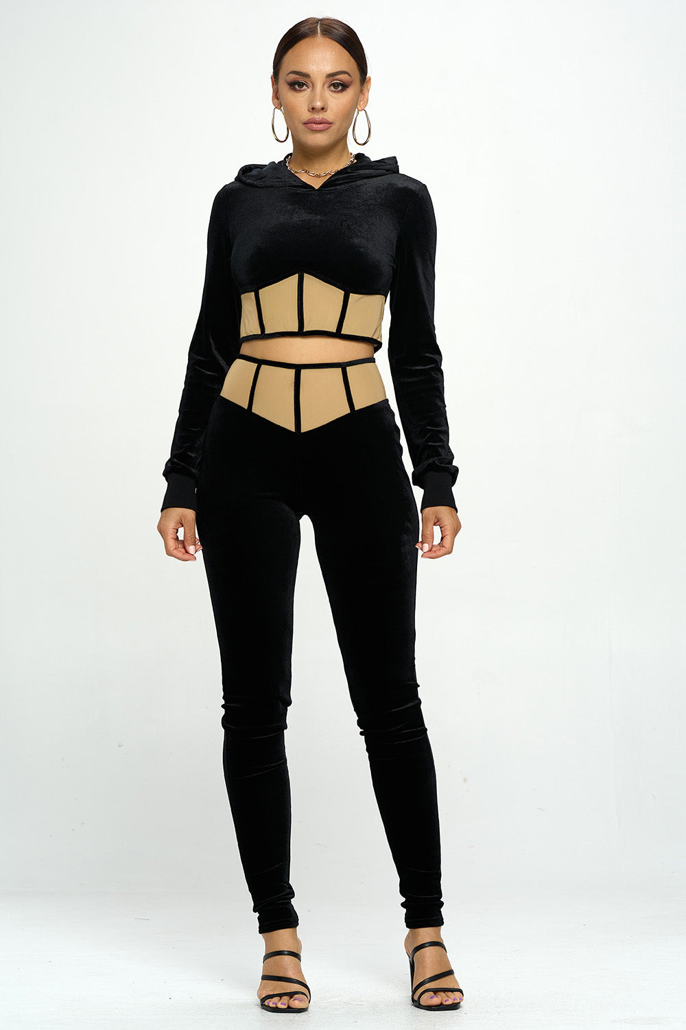 VELVET MESHED HIGH WAIST LEGGINGS & HOODED CROP TOP SETS
