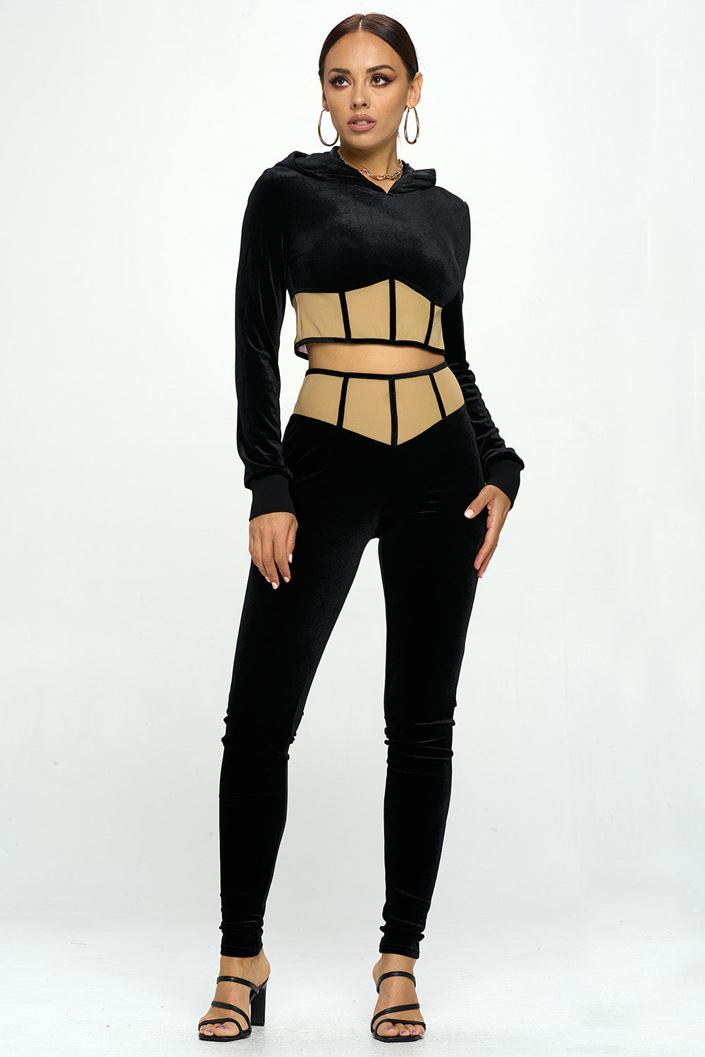 VELVET MESHED HIGH WAIST LEGGINGS & HOODED CROP TOP SETS