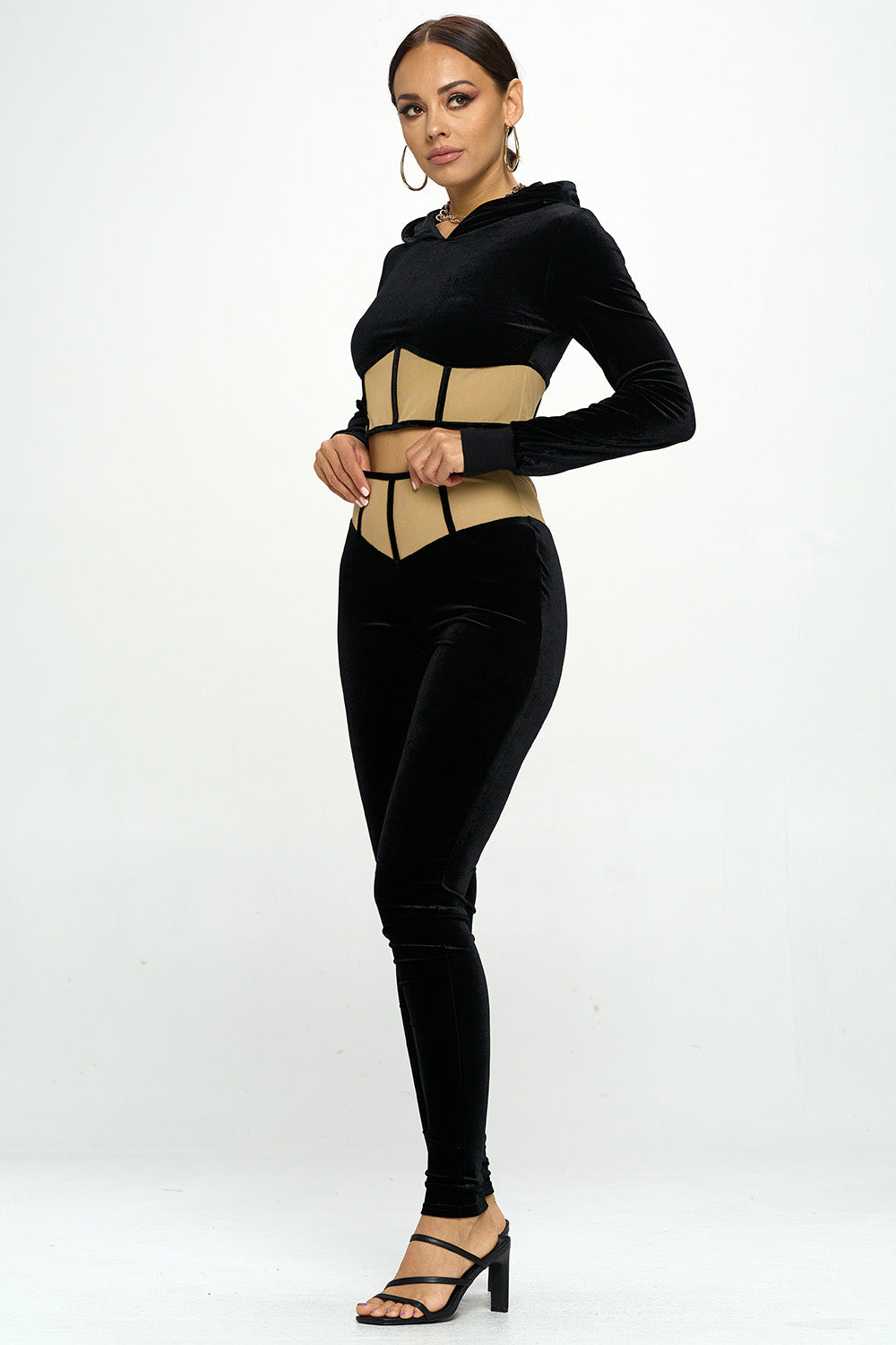 VELVET MESHED HIGH WAIST LEGGINGS & HOODED CROP TOP SETS