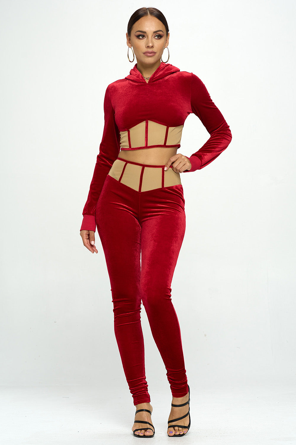 VELVET MESHED HIGH WAIST LEGGINGS & HOODED CROP TOP SETS