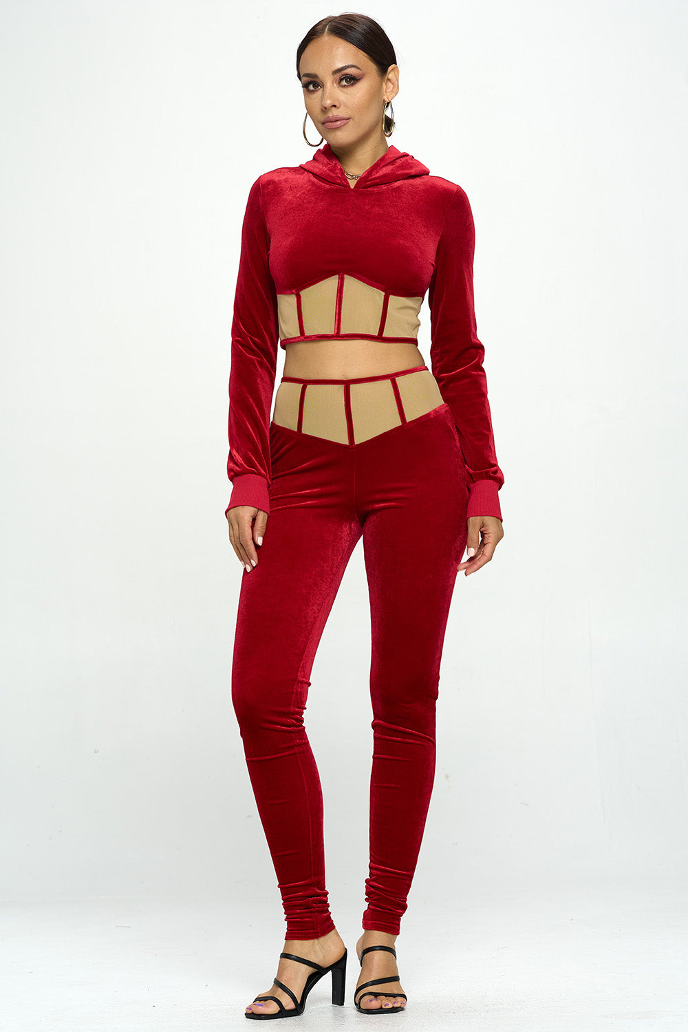 VELVET MESHED HIGH WAIST LEGGINGS & HOODED CROP TOP SETS
