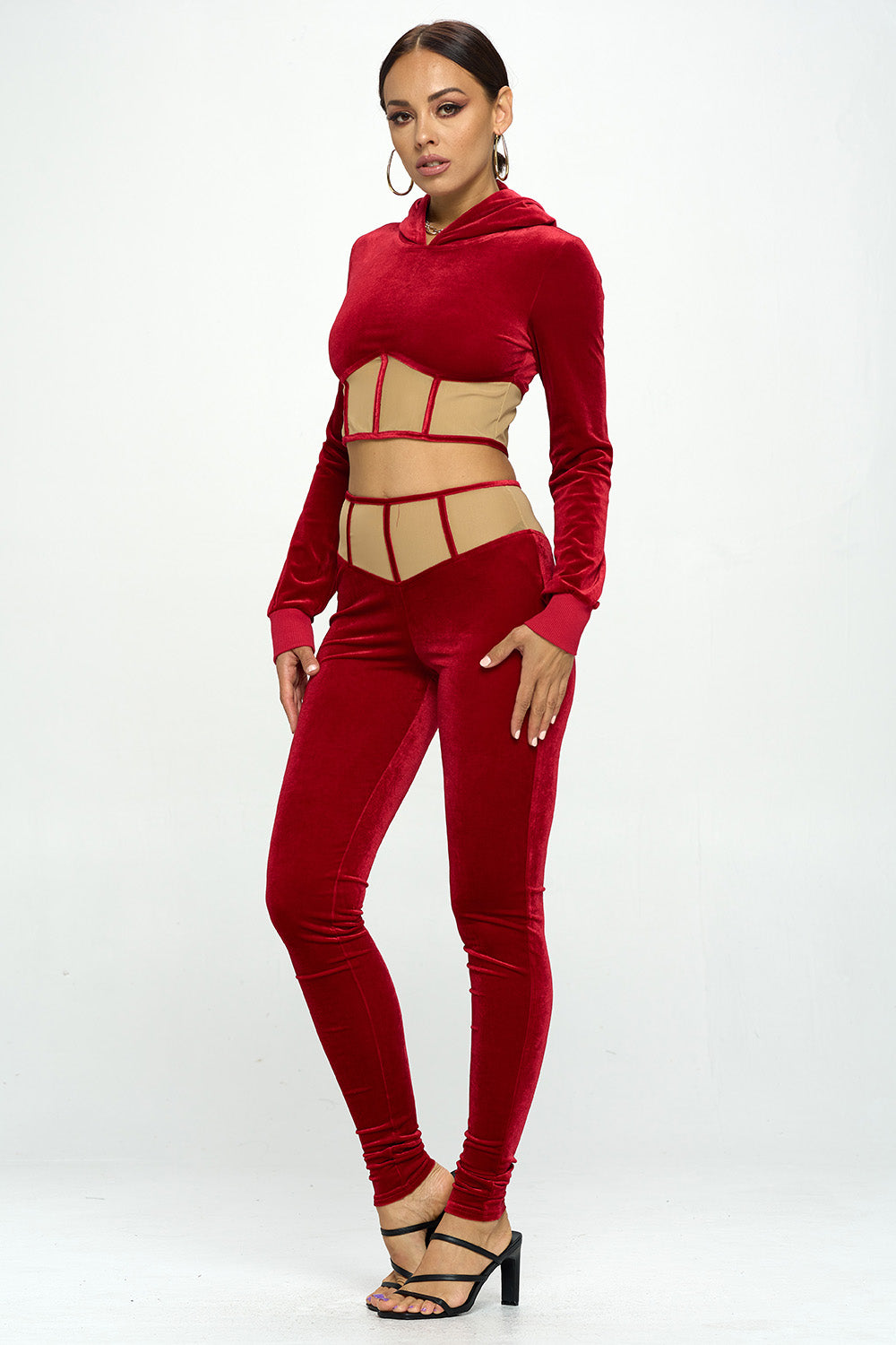 VELVET MESHED HIGH WAIST LEGGINGS & HOODED CROP TOP SETS