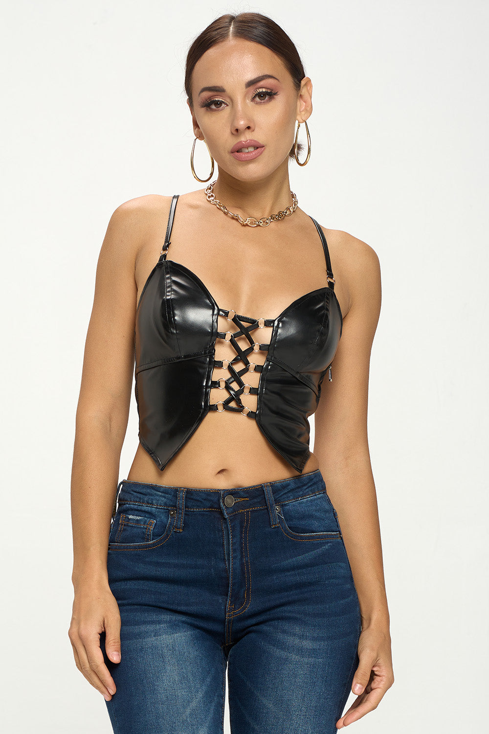 FRONT LACE UP DETAIL FAUX LEATHER CROP TOP – OhYes Fashion