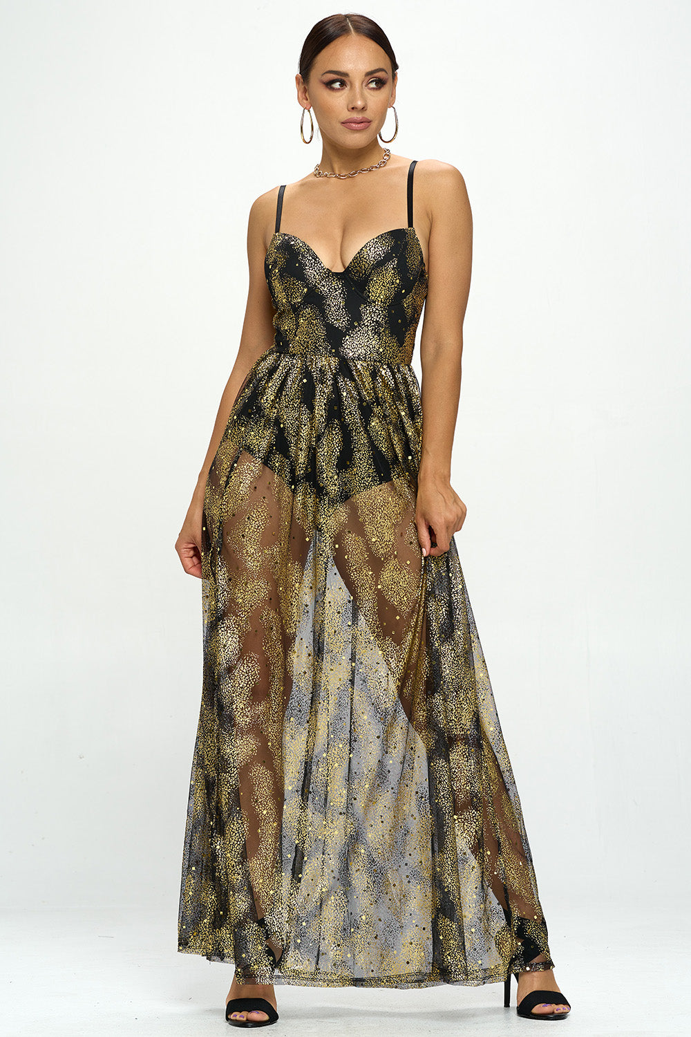 GOLD GLITTER SHEER MAXI DRESS WITH BODYSUIT LINING GOLD GLITTER SHEER MAXI DRESS WITH BODYSUIT LINING