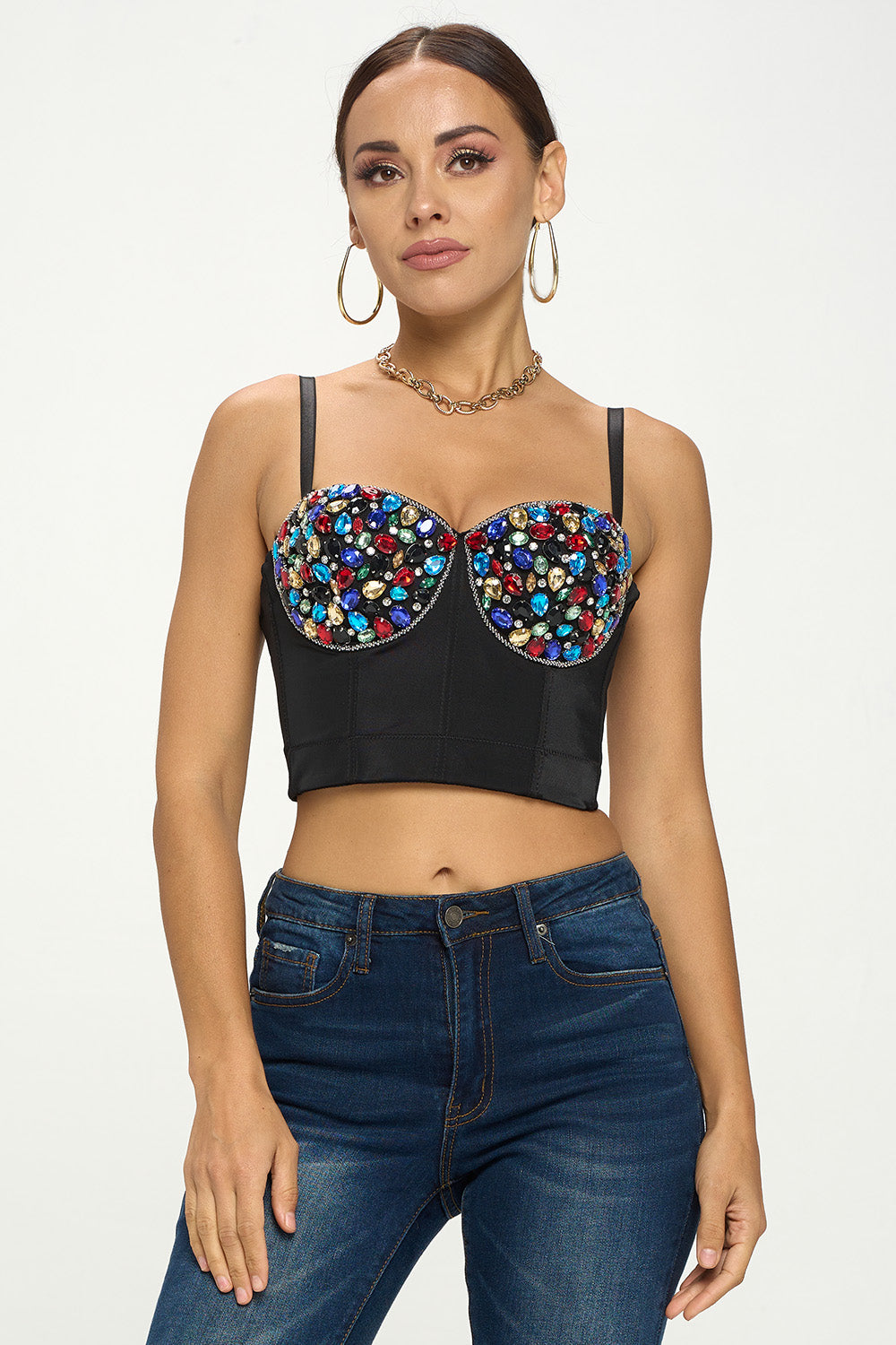 MULTI-COLORED CRYSTAL STONE EMBELLISHED BUSTIER TOP