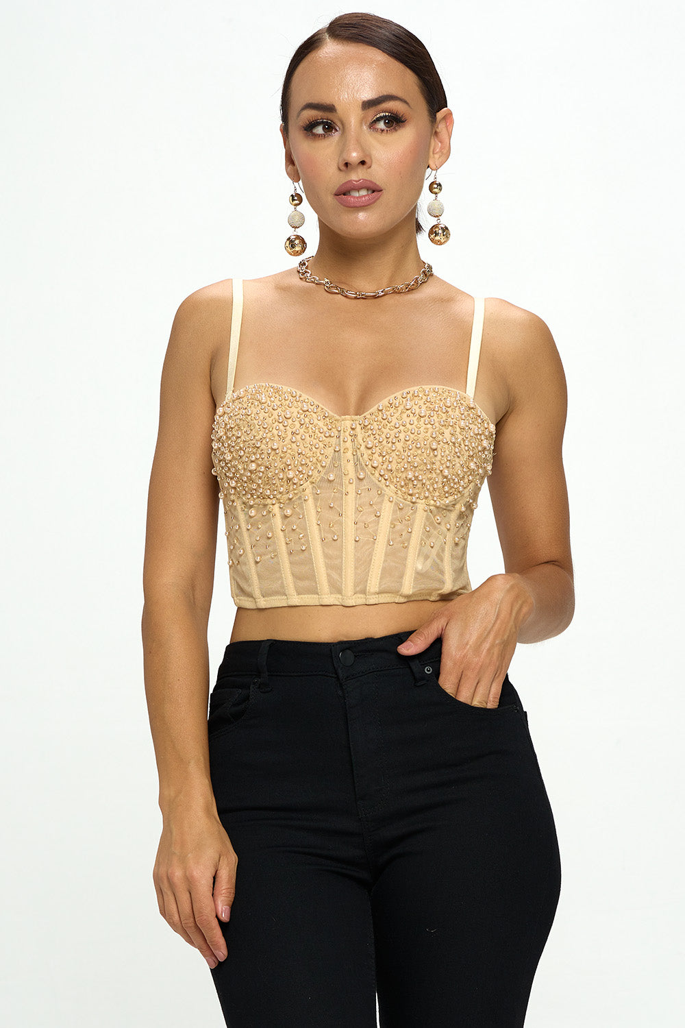 FLORAL LACE BEADING EMBELLISHED BUSTIER TOP – OhYes Fashion
