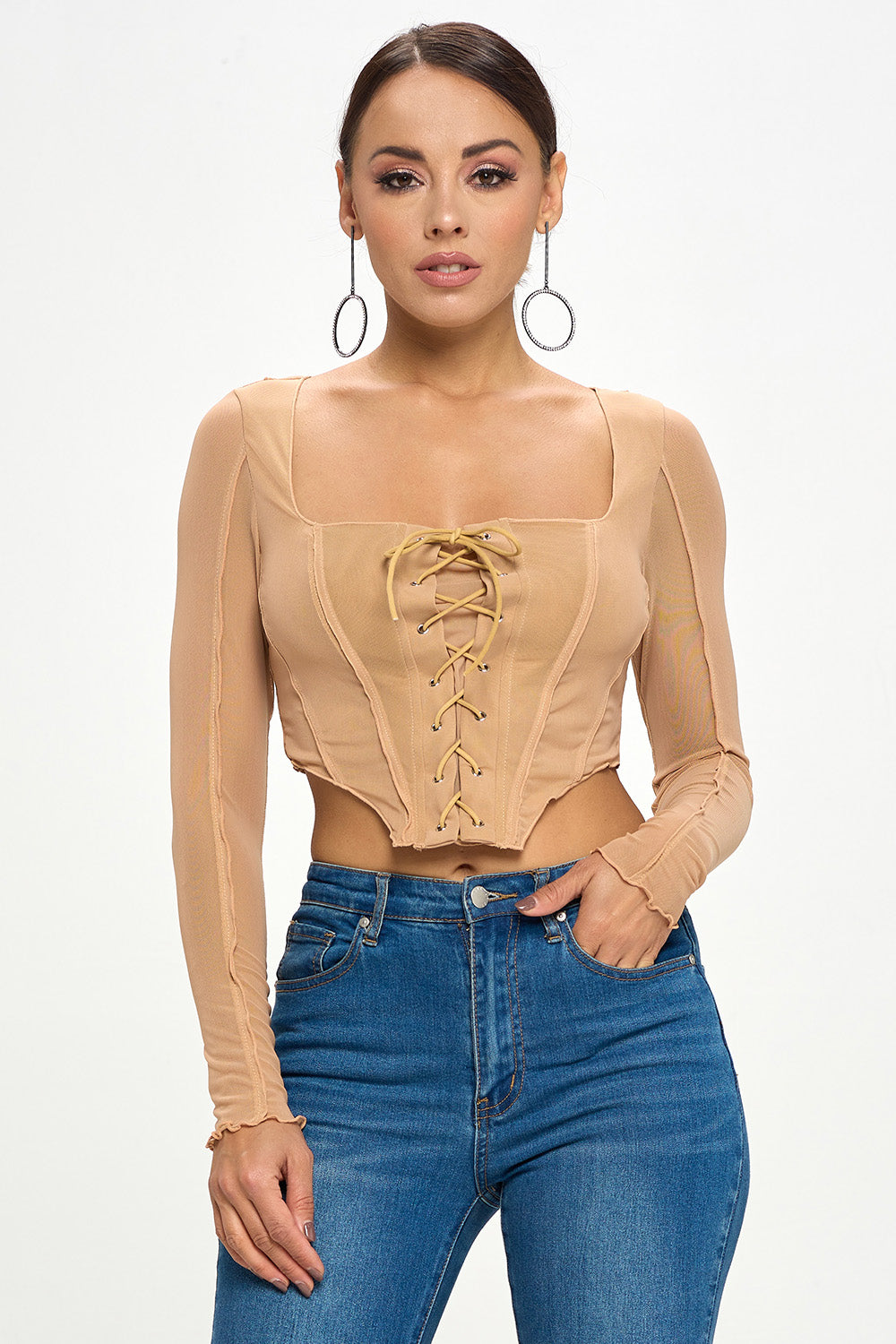 LACE-UP FRONT DETAIL CORSET BODICE LONG SLEEVE TOP