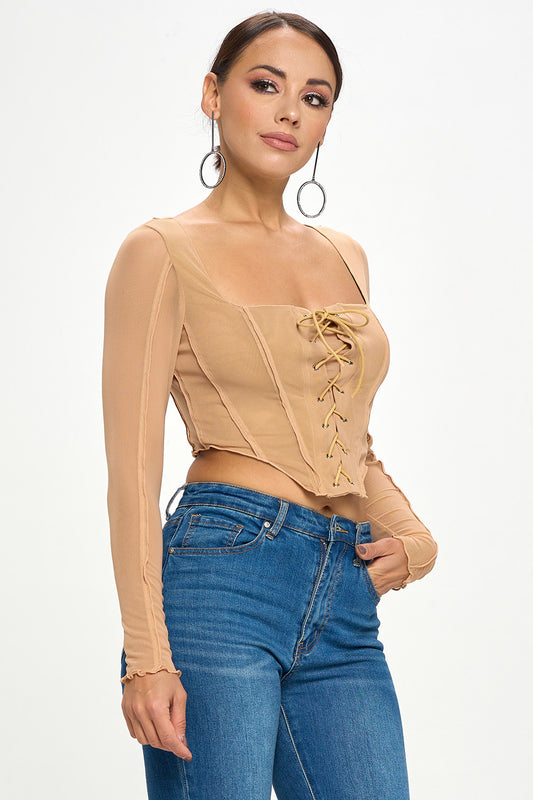 LACE-UP FRONT DETAIL CORSET BODICE LONG SLEEVE TOP