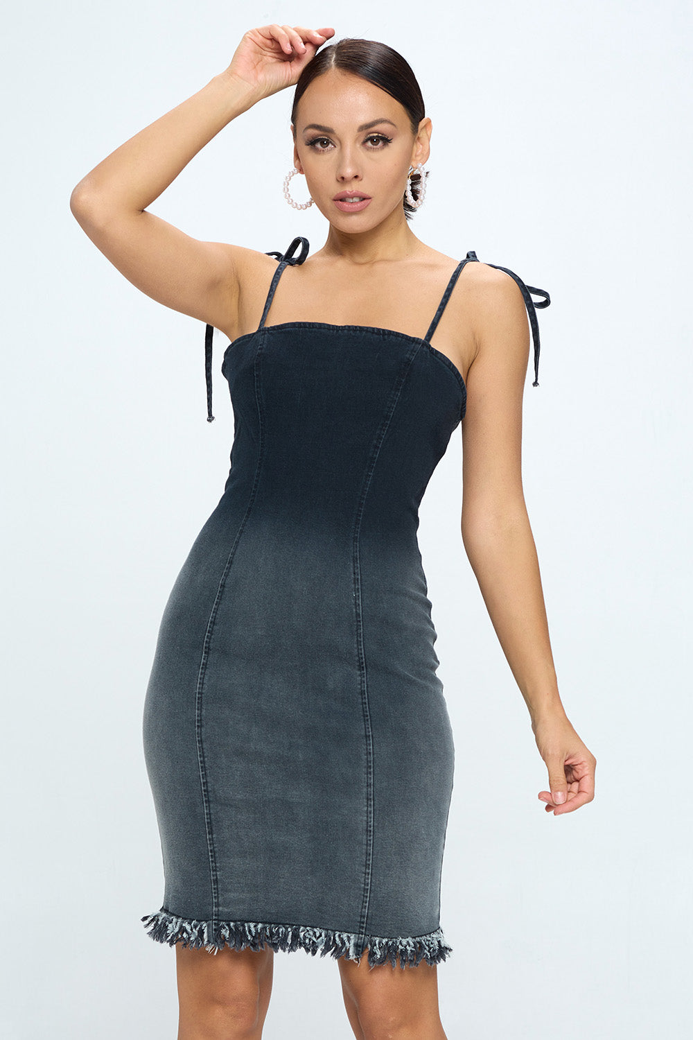 OMBRE FRAYED TIE-STRAP DENIM DRESS OMBRE FRAYED TIE-STRAP DENIM DRESS