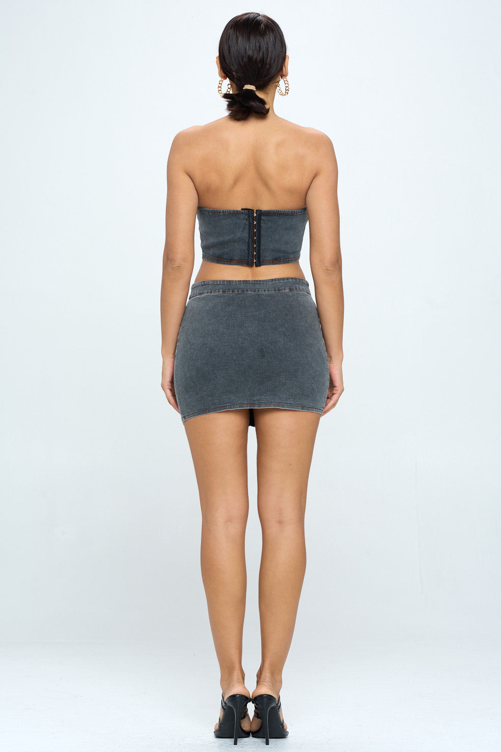 DENIM BUSTIER TUBE TOP AND ZIP FRONT MINI SKIRT SET