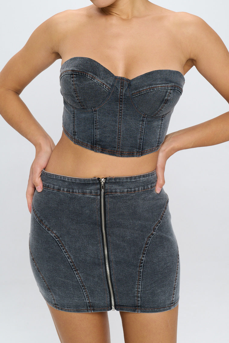 DENIM BUSTIER TUBE TOP AND ZIP FRONT MINI SKIRT SET