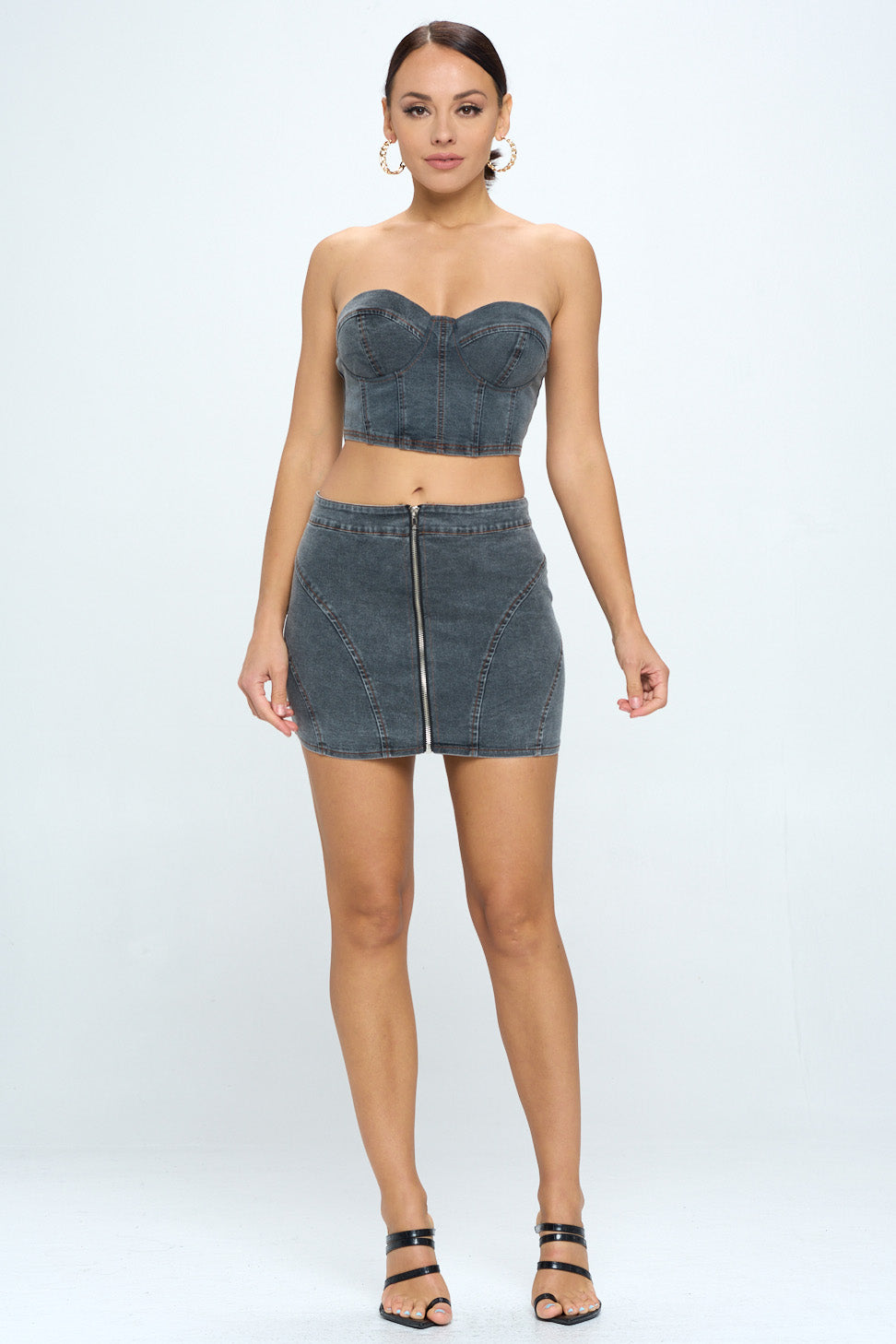 DENIM BUSTIER TUBE TOP AND ZIP FRONT MINI SKIRT SET