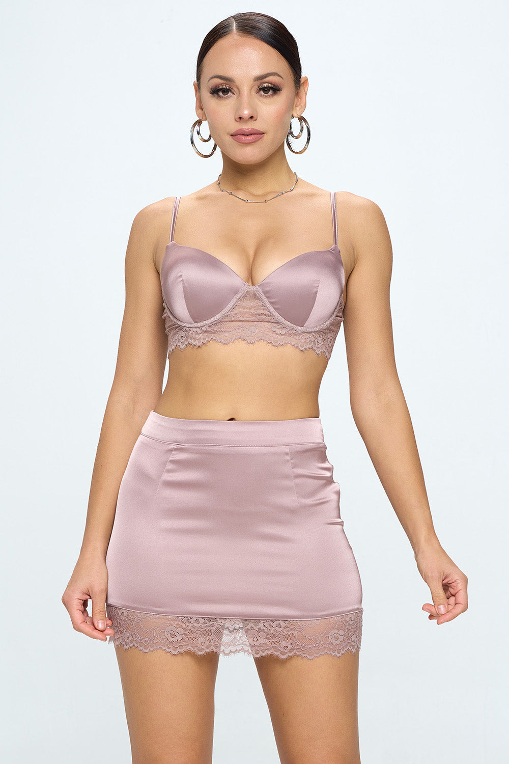 LACE TRIM SATIN BRALETTE WITH SKIRT SETS – OhYes Fashion