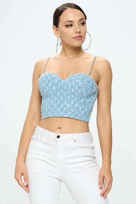 CHAIN STRAP SEQUIN DENIM BUSTIER TOP_D7178