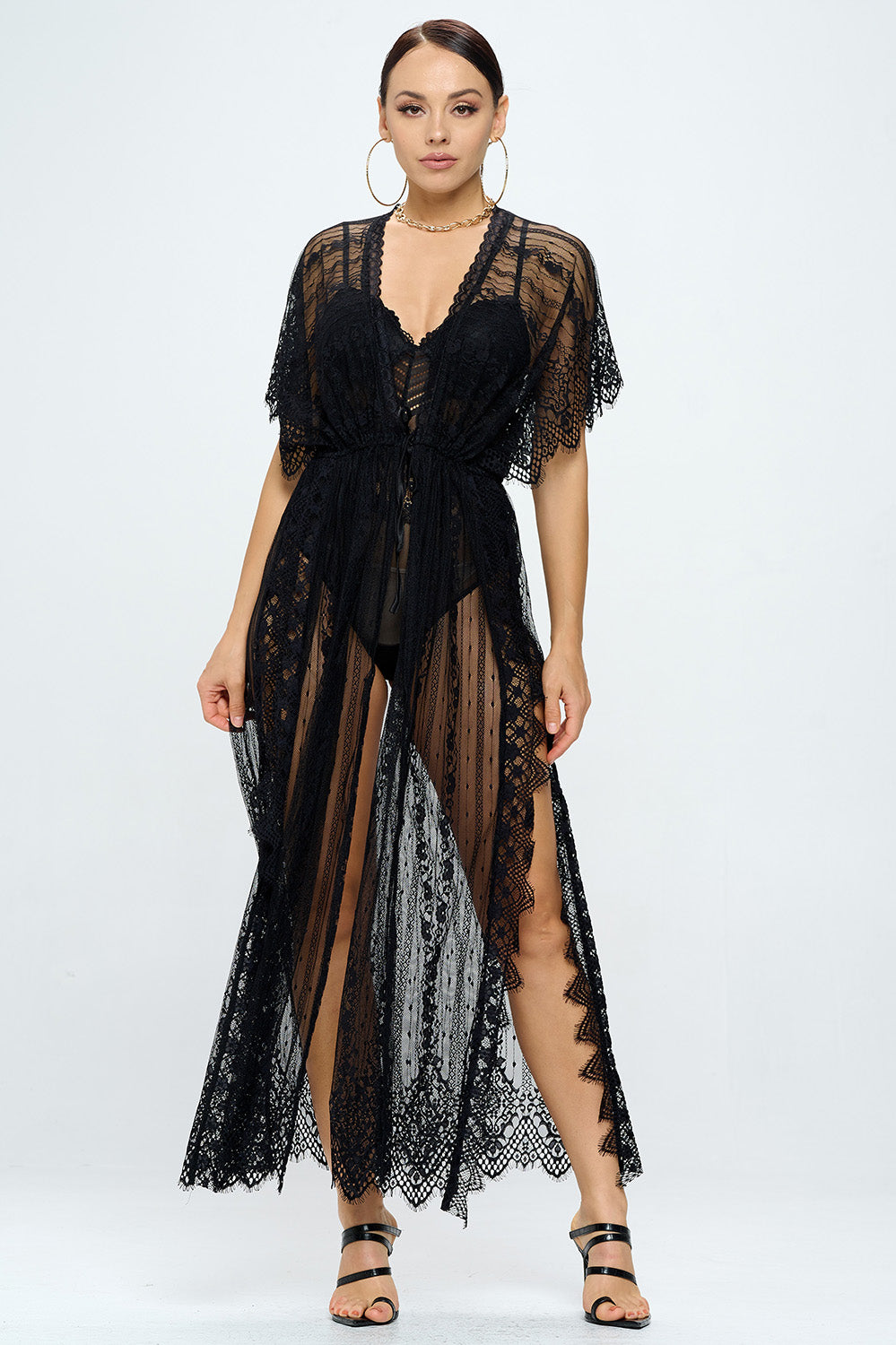 MAXI LACE KIMONO DRAWSTRING COVER UP ROBE