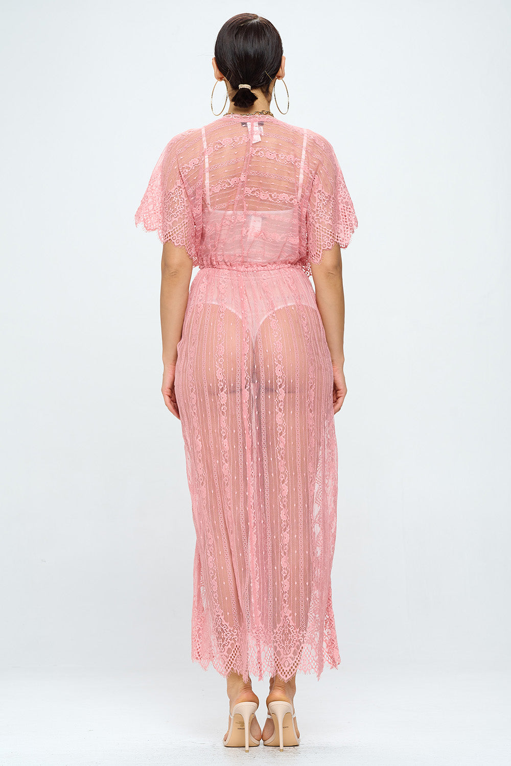 MAXI LACE KIMONO DRAWSTRING COVER UP ROBE