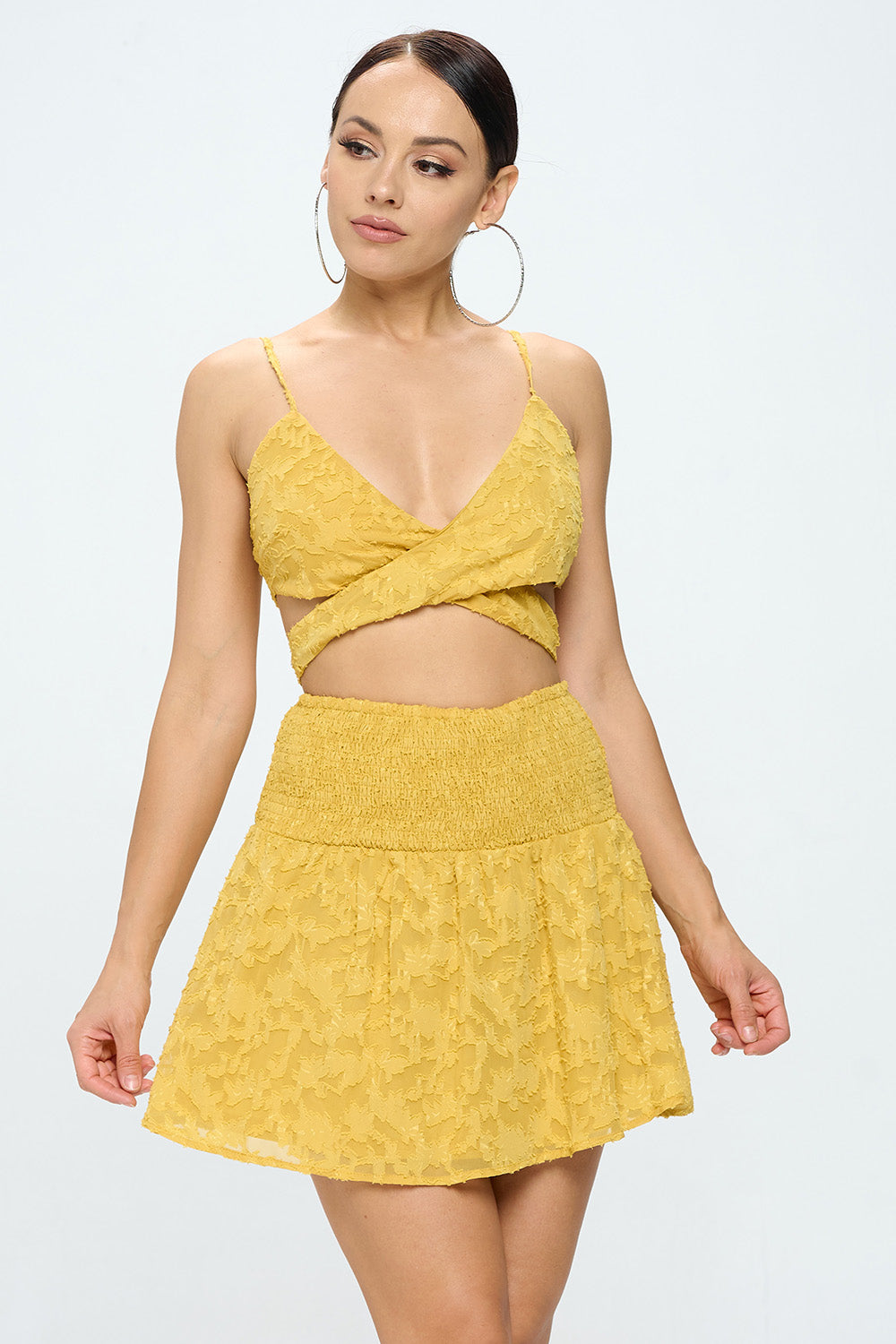 CRISS CROSS TIE WAIST CROP TOP AND SKIRT SETS