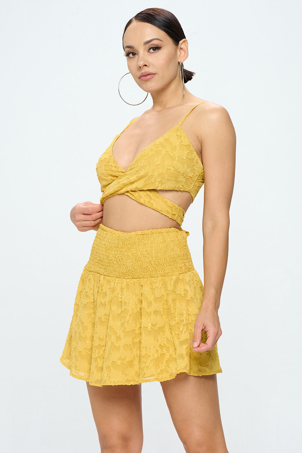 CRISS CROSS TIE WAIST CROP TOP AND SKIRT SETS