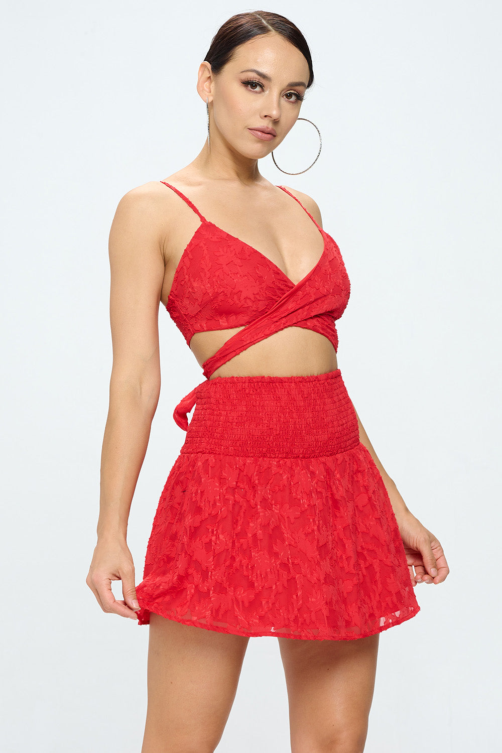 CRISS CROSS TIE WAIST CROP TOP AND SKIRT SETS