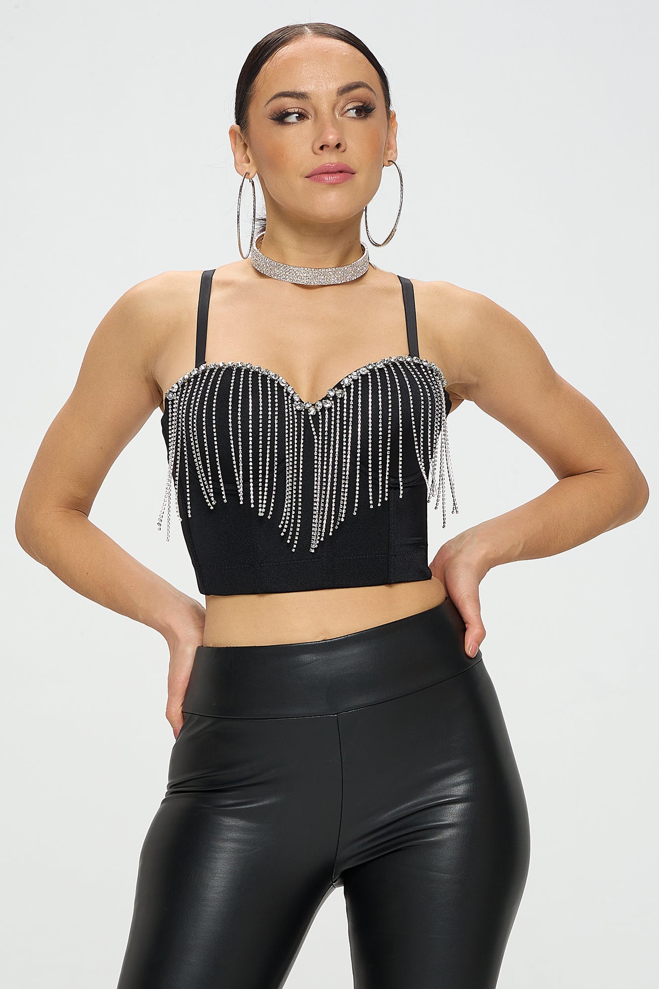 RHINESTONE FRINGE TRIM BUSTIER CROP TOP_D7197