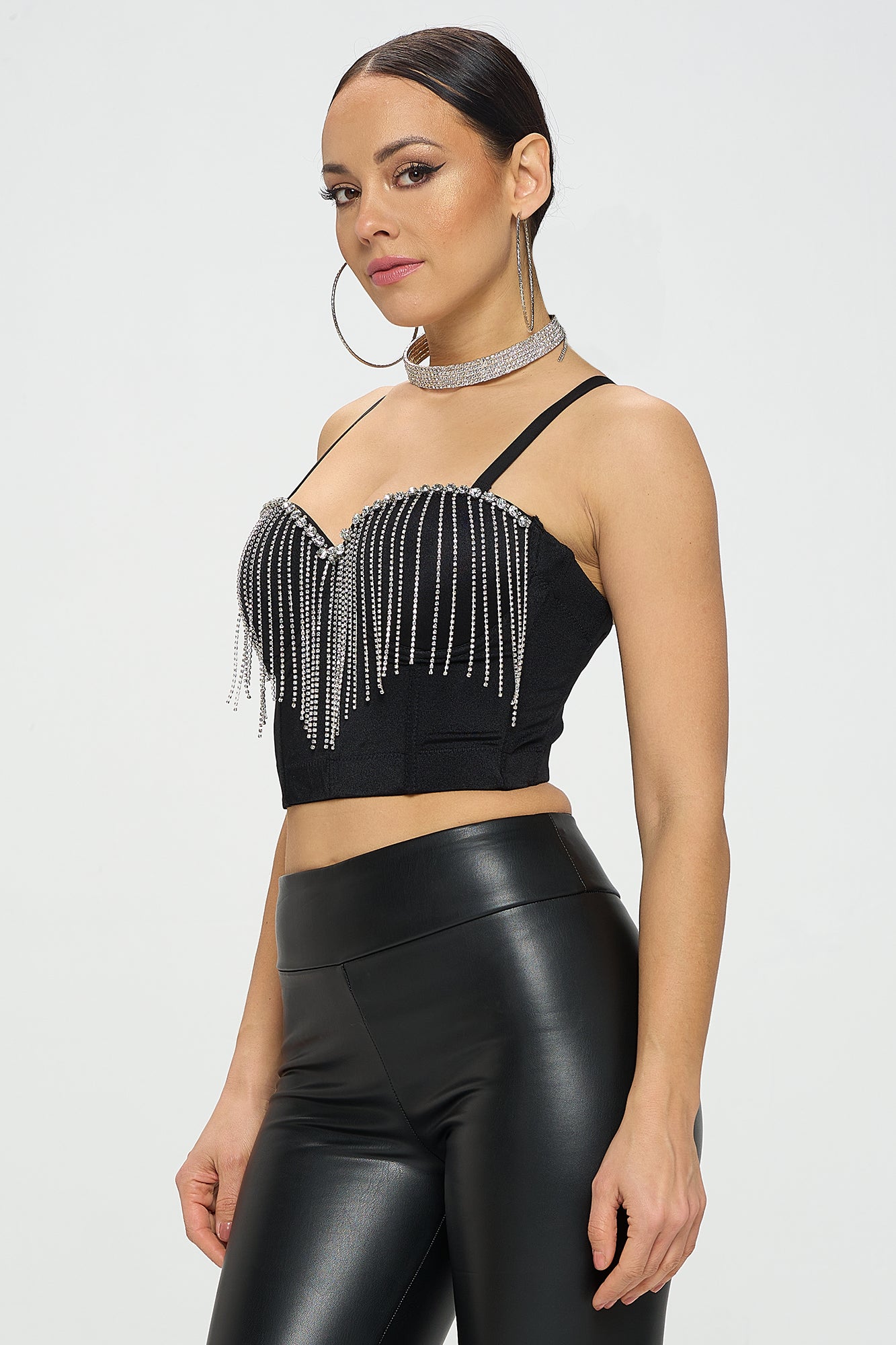 RHINESTONE FRINGE TRIM BUSTIER CROP TOP_D7197