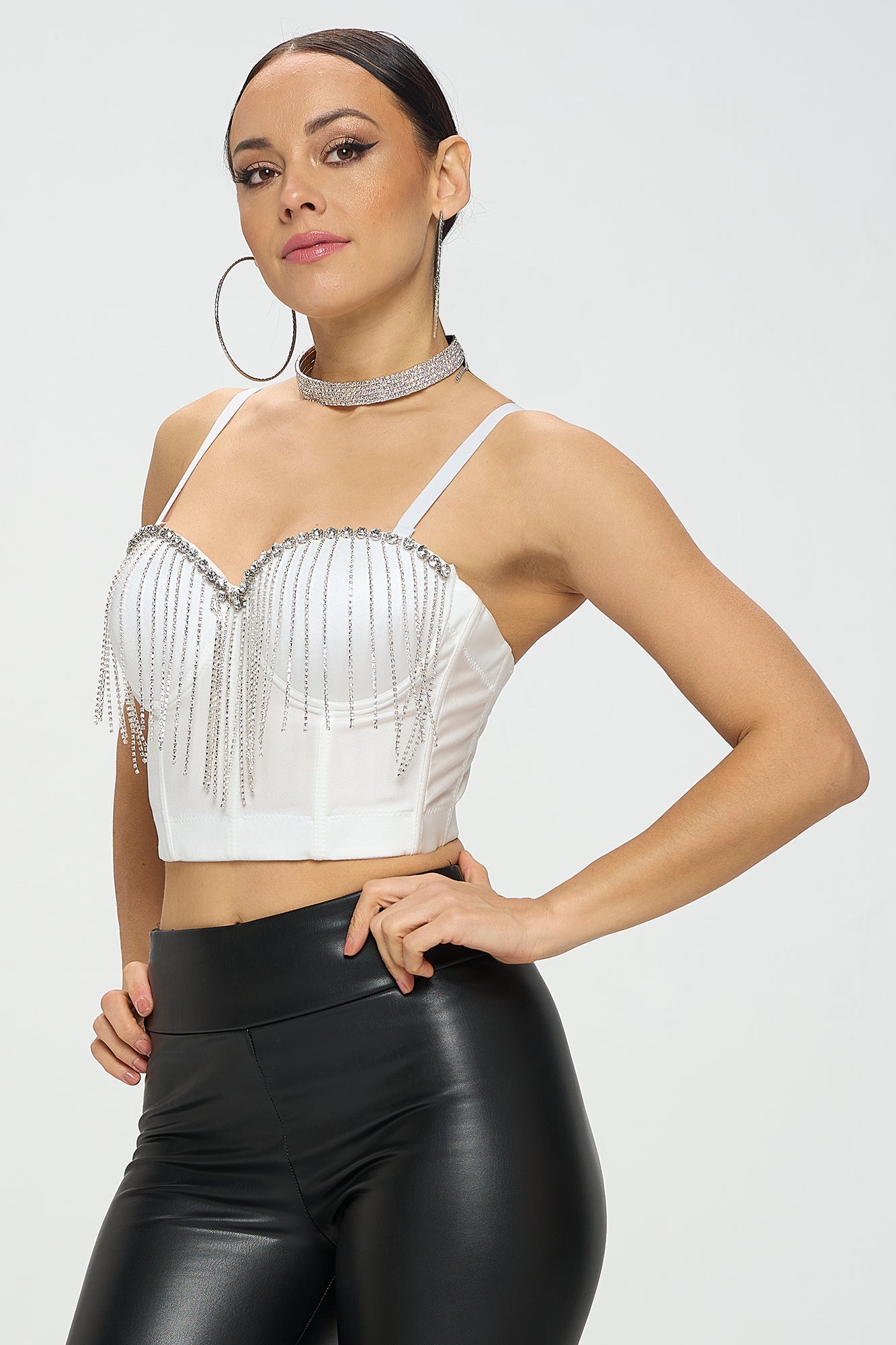 RHINESTONE FRINGE TRIM BUSTIER CROP TOP_D7197