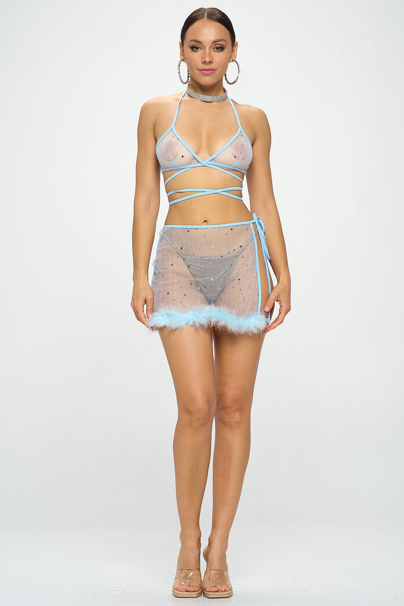 STARS & MOON GLITTER MESH LACE UP HALTER NECK BRALETTE TOP