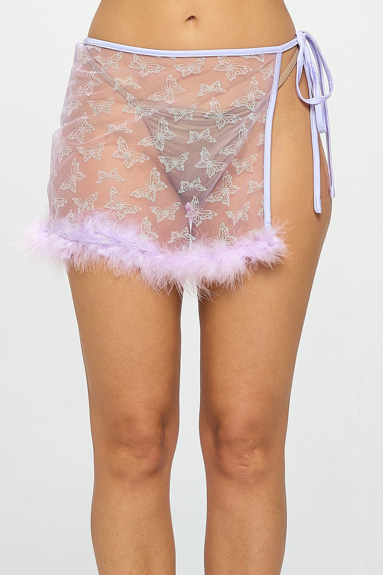 BUTTERFLY GLITTER MESH FEATHER TRIM RAVE MINI SKIRT