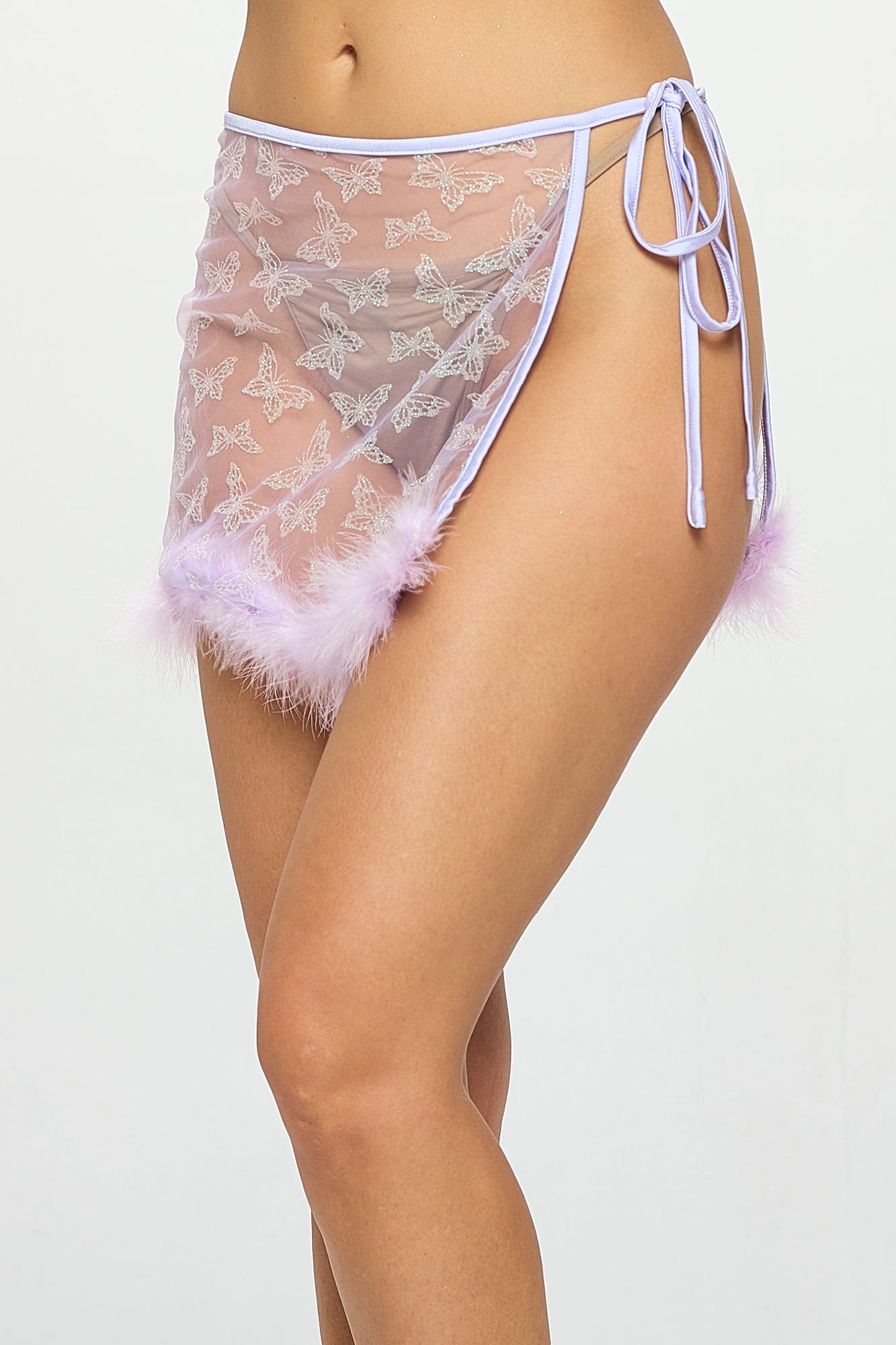 BUTTERFLY GLITTER MESH FEATHER TRIM RAVE MINI SKIRT